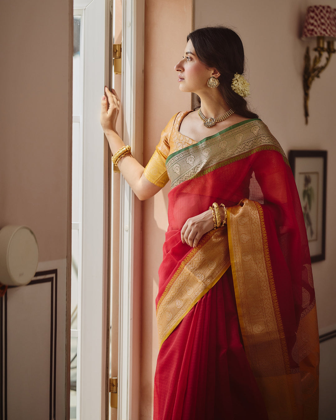 Shahi Red Yellow Doria Butta Border Saree