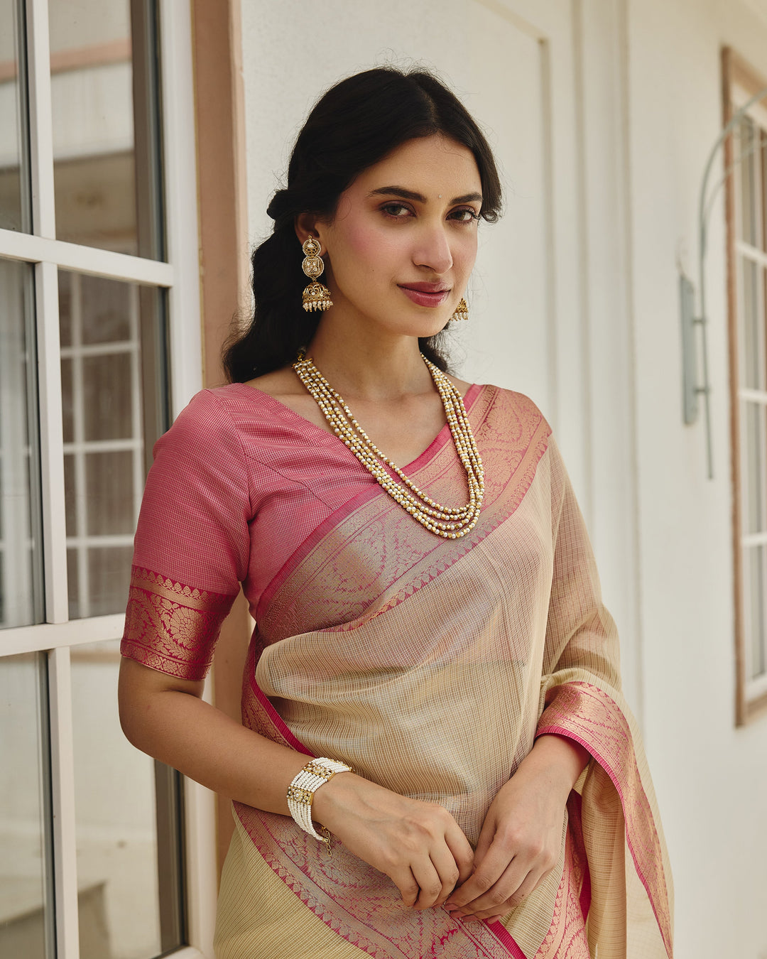 Keeni Beige Pink Doria Zari Border Saree