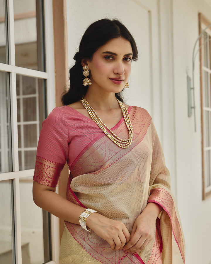 Keeni Beige Pink Doria Zari Border Saree