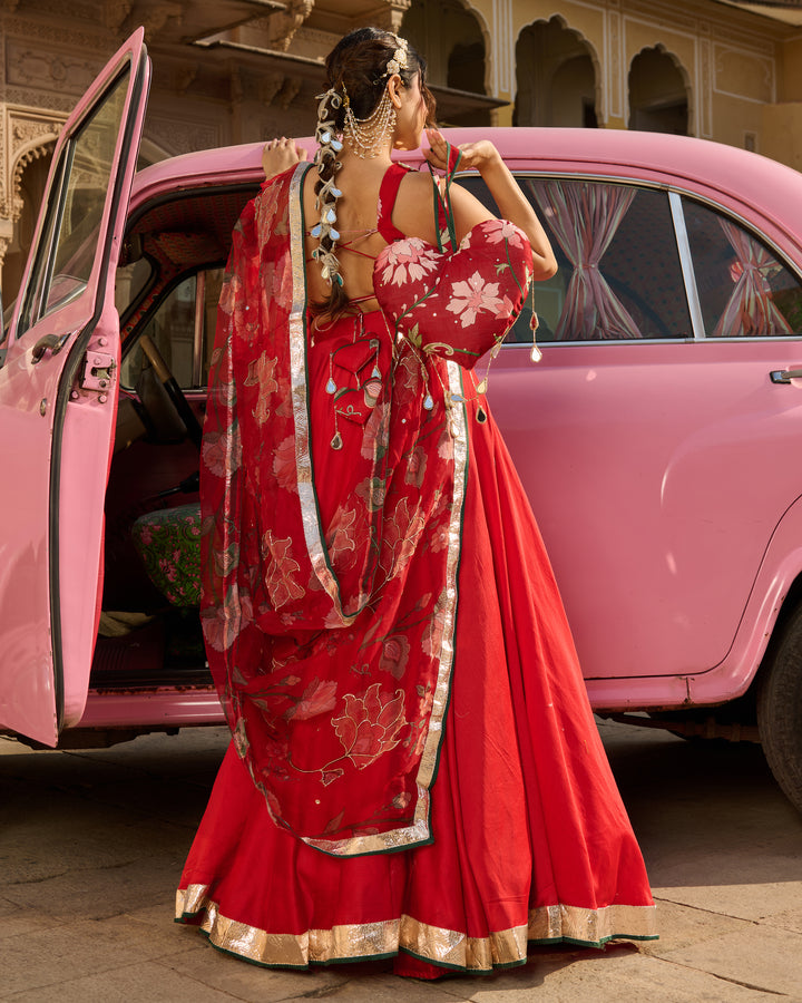 Nazm Red Printed Chanderi Lehenga Set