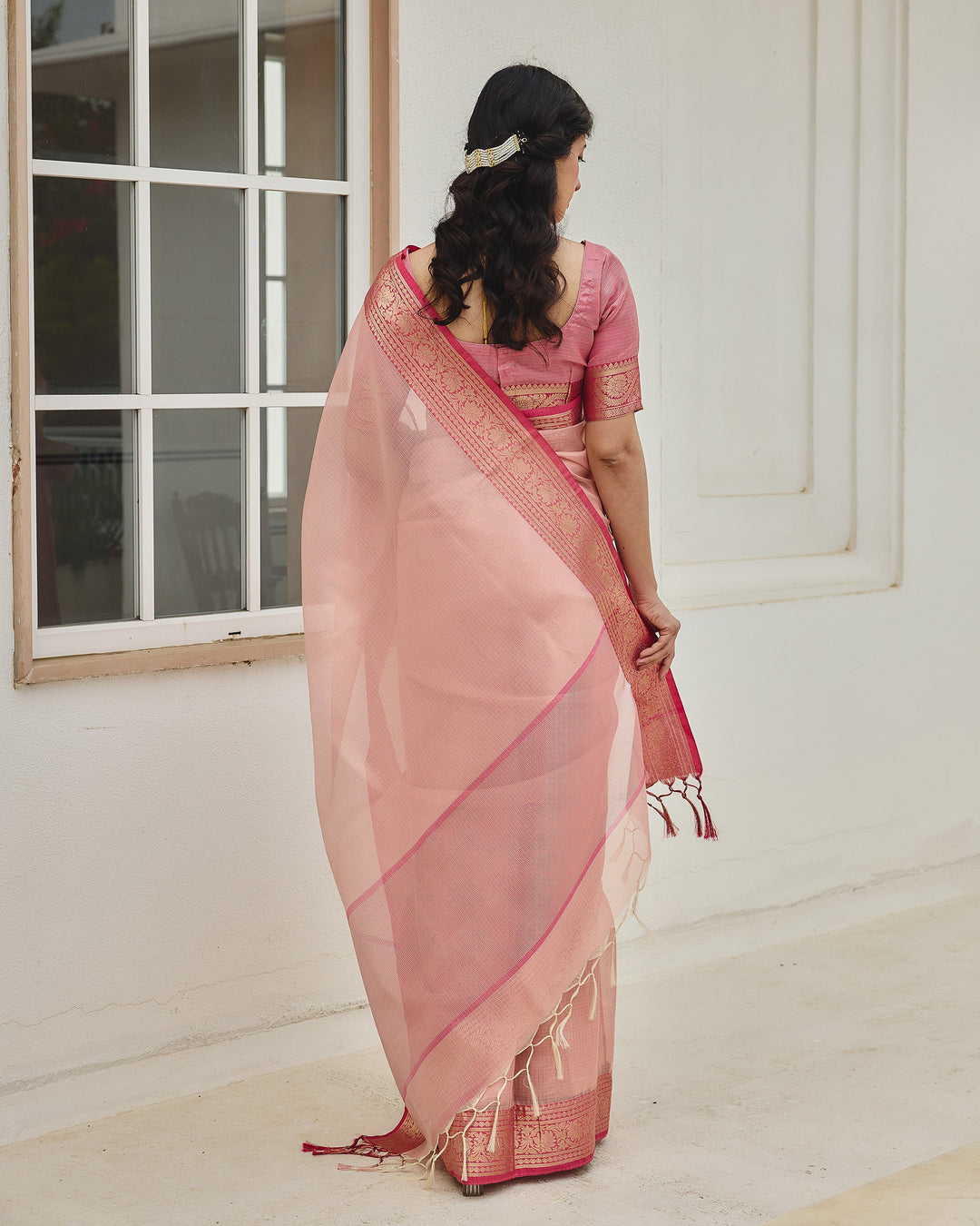 Soraya Pink Doria Zari Border Saree