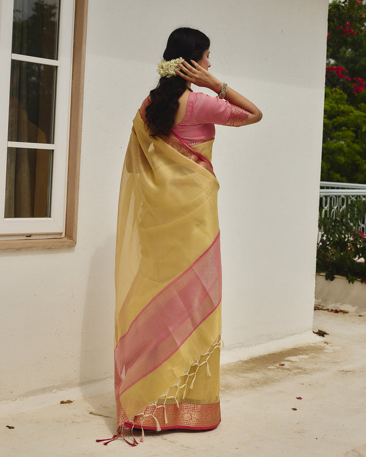 Shimmer Gold Pink Doria Zari Border Saree