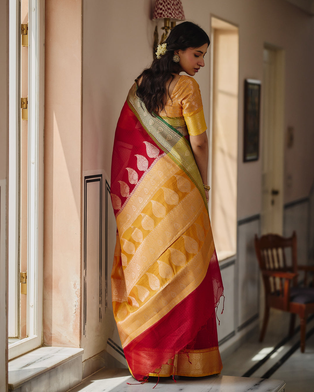 Shahi Red Yellow Doria Butta Border Saree