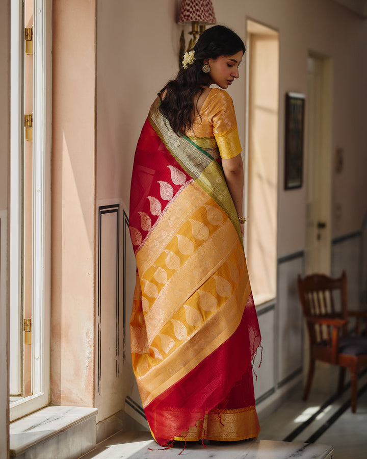 Shahi Red Yellow Doria Butta Border Saree