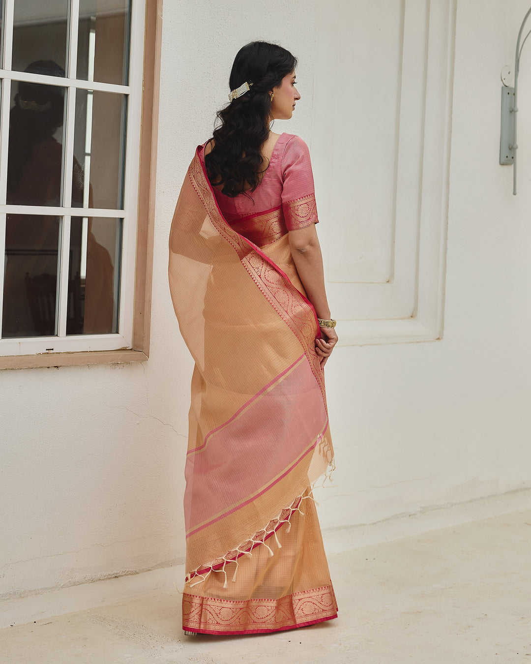 Charm Peach Pink Doria Zari Border Saree