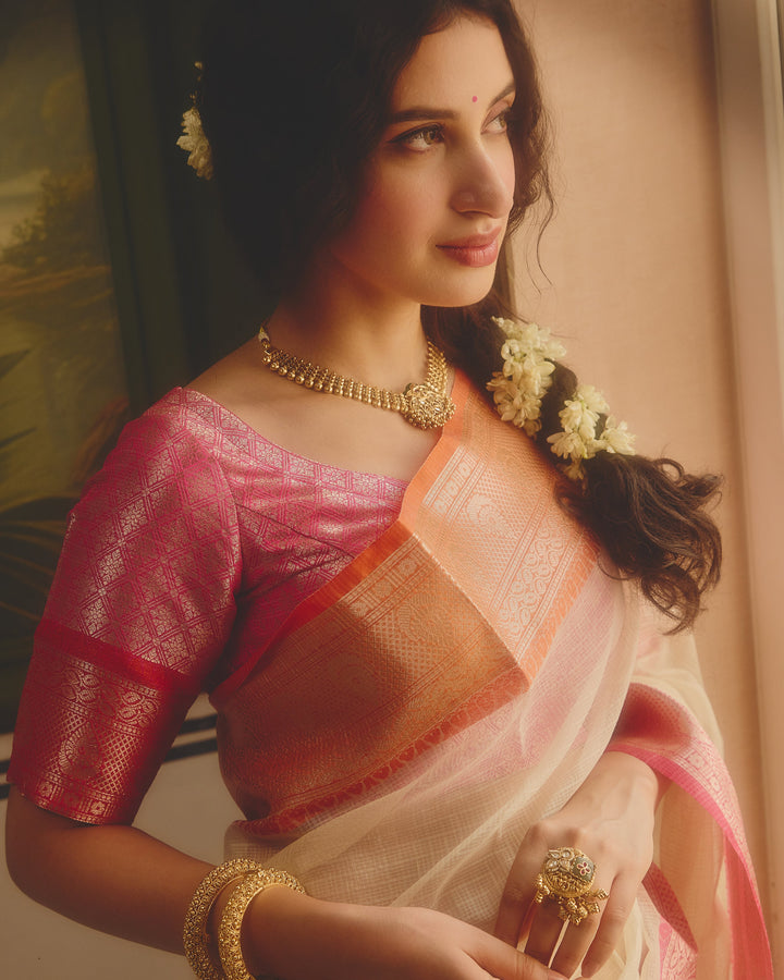 Tana White Pink Doria Butta Border Saree