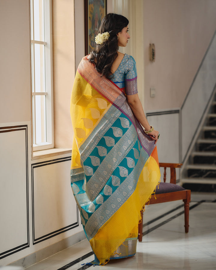 Viona Yellow Blue Doria Butta Border Saree