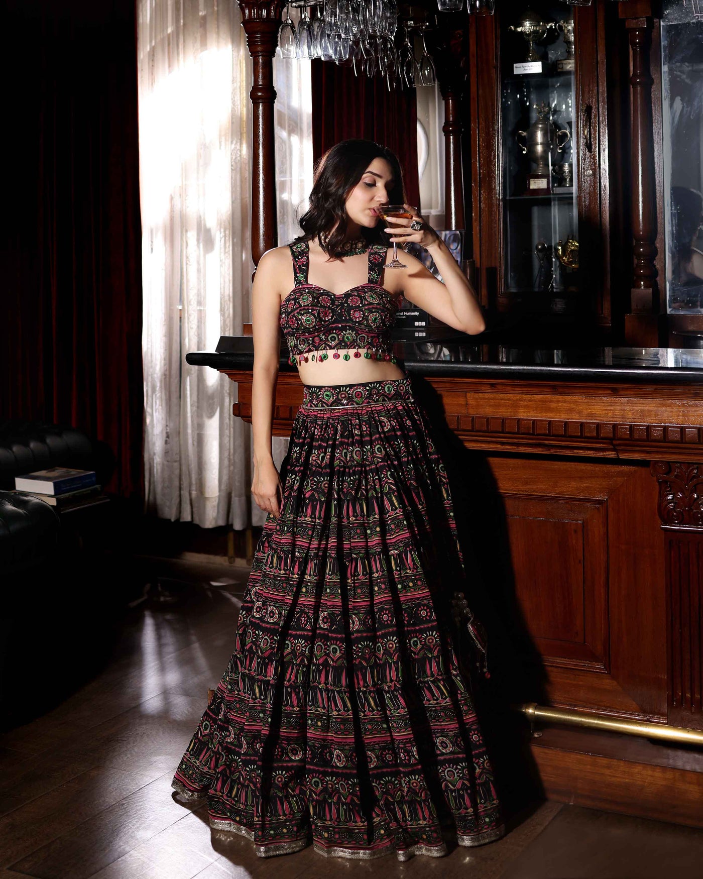 Mighty Black Mirror Work Printed Chanderi Lehenga Set