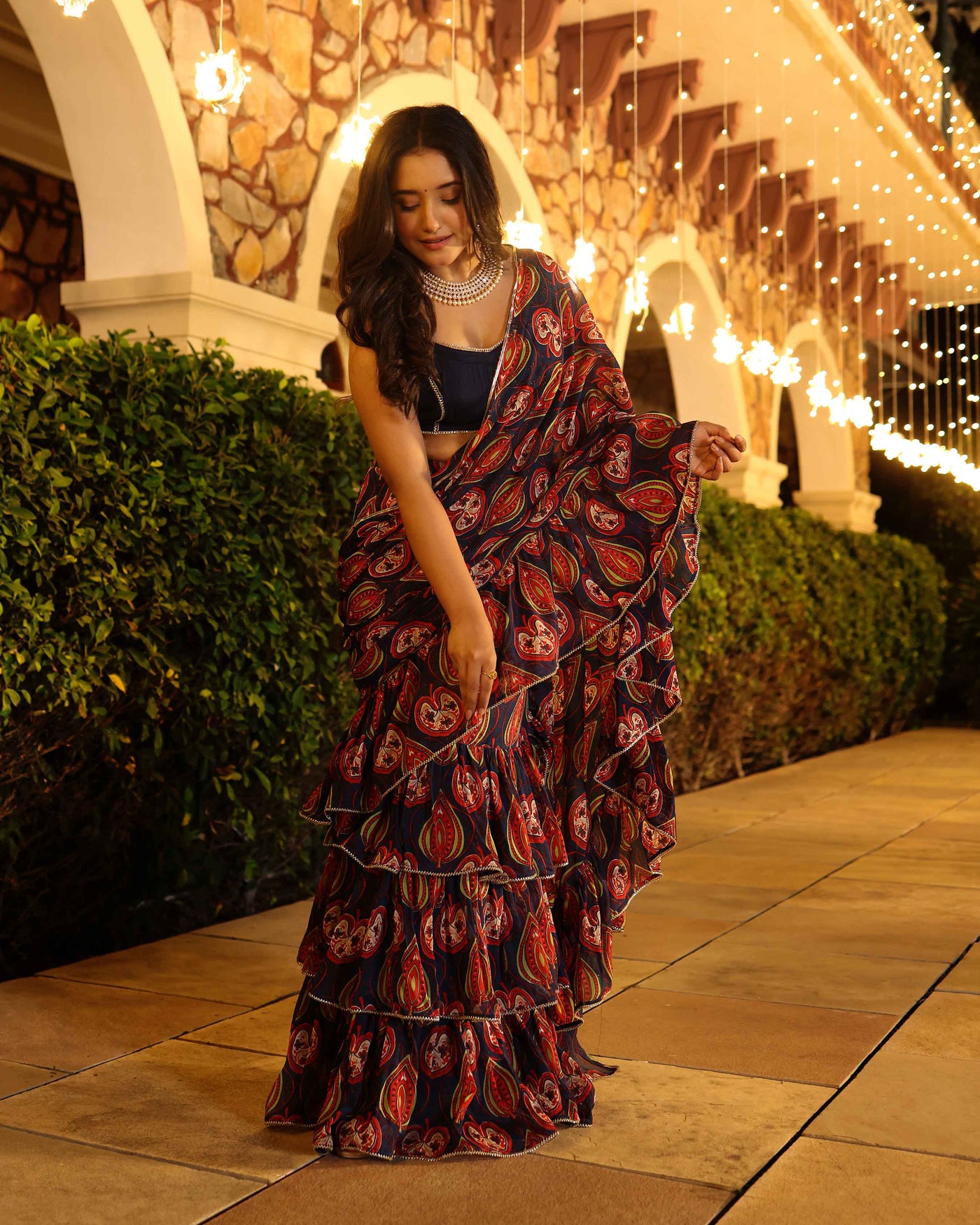 Vari Blue Printed Chinon Pre Draped Saree