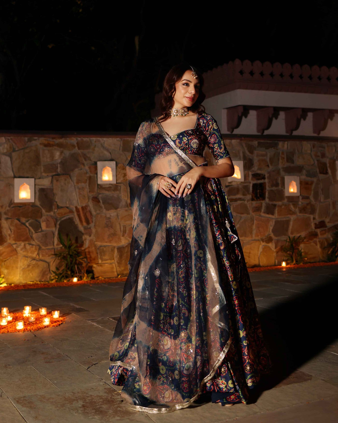 Laaya Blue Printed Hand Embroidered Satin Lehenga Set