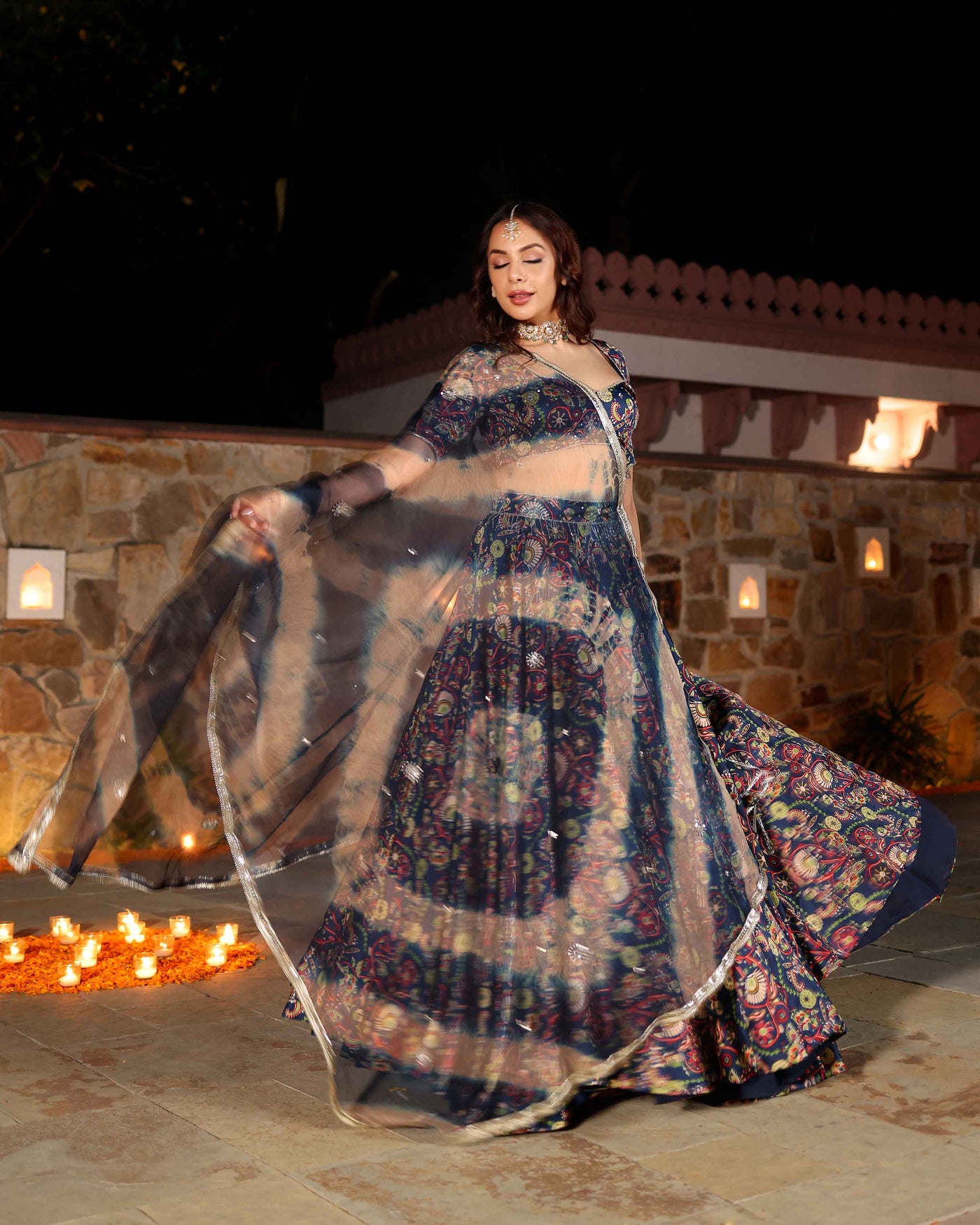 Laaya Blue Printed Hand Embroidered Satin Lehenga Set