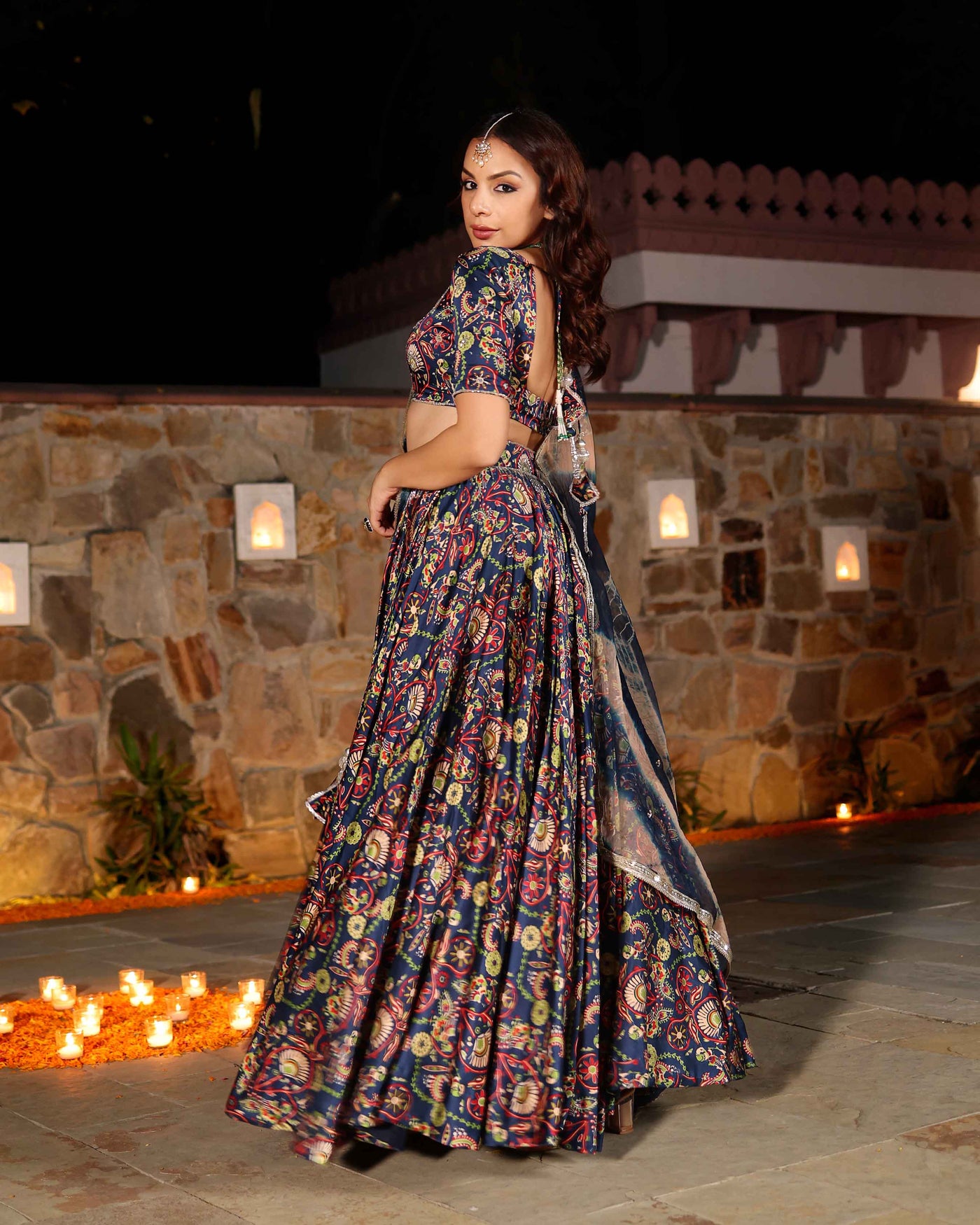 Laaya Blue Printed Hand Embroidered Satin Lehenga Set