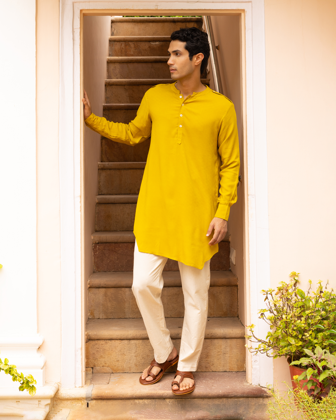 Viraat Yellow Solid Dobby Kurta