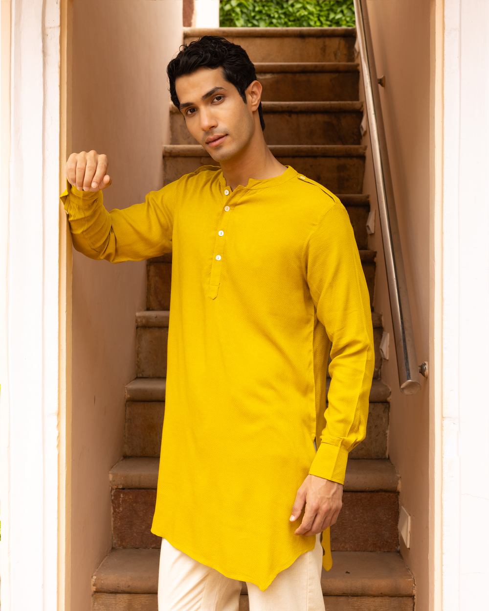 Viraat Yellow Solid Dobby Kurta