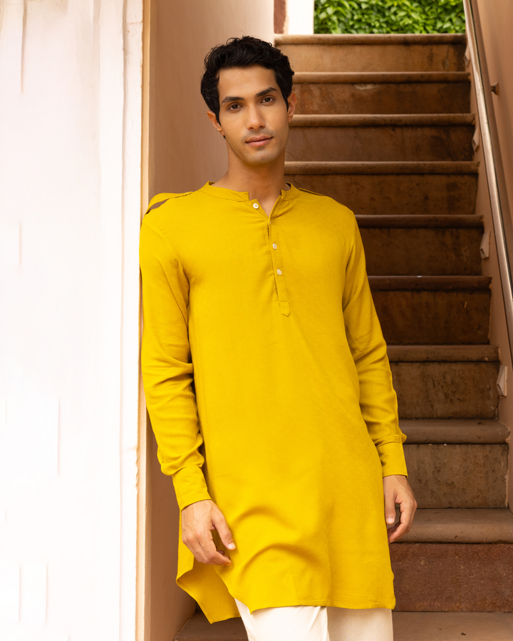 Viraat Yellow Solid Dobby Kurta