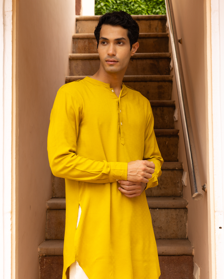 Viraat Yellow Solid Dobby Kurta