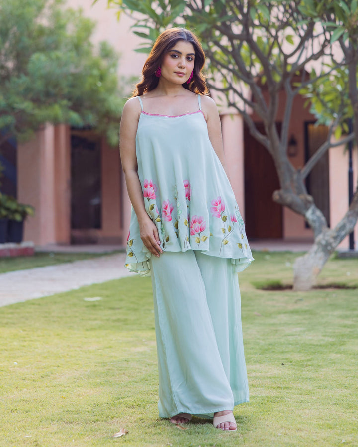 Sanskriti Sage Green Handpainted Crepe Coord Set