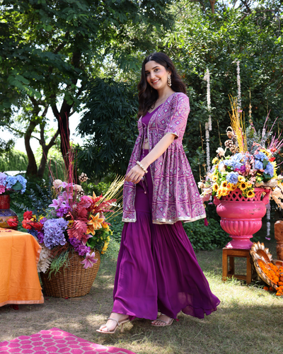 Women Purple Floral Sharara Pants