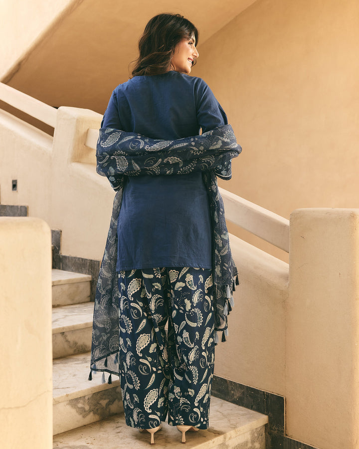 Nella Blue Cotton Printed Farsi Salwar Set