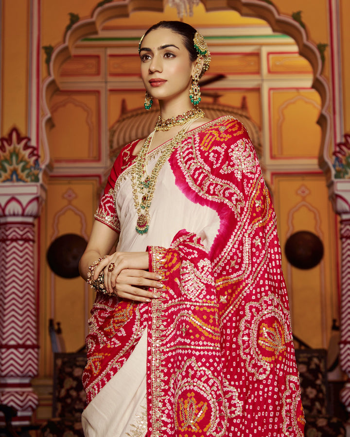 Ghanan White Embroidered Kajol Bandhej Silk Saree