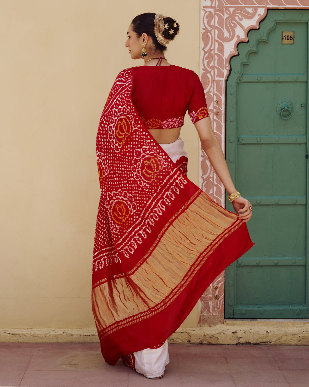 Champa White Kajol Bandhej Silk Saree
