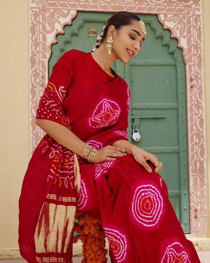 Maru Red Bandhej Silk Saree