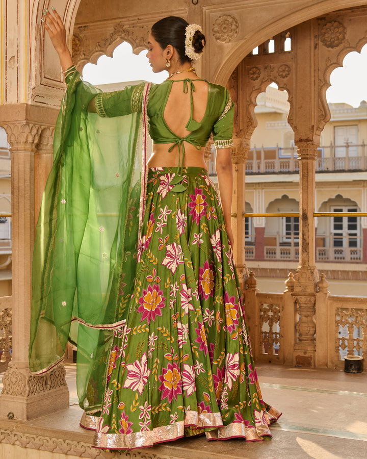 Zara Green Printed Satin Lehenga Set