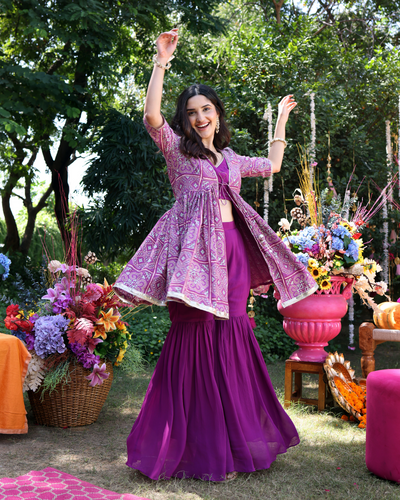Geometric Purple Elegance Printed Satin Sharara Set