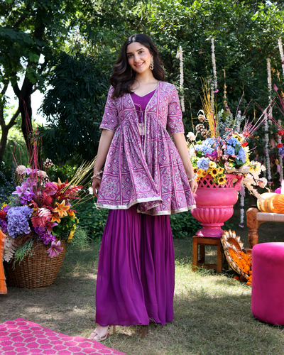 Geometric Purple Elegance Printed Satin Sharara Set