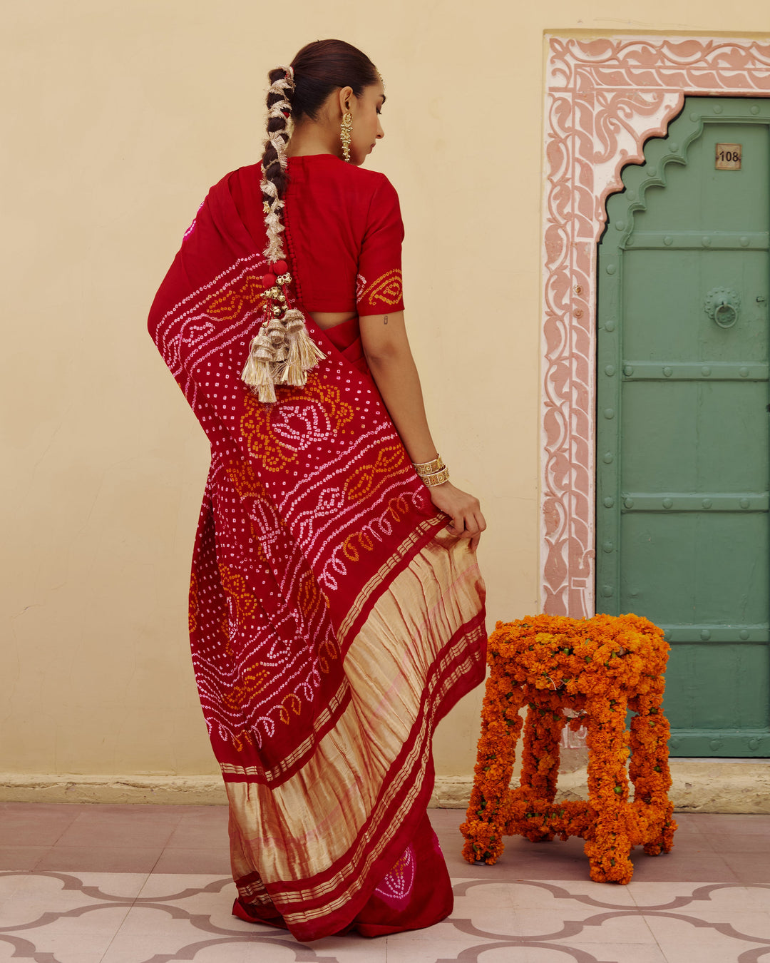 Maru Red Bandhej Silk Saree