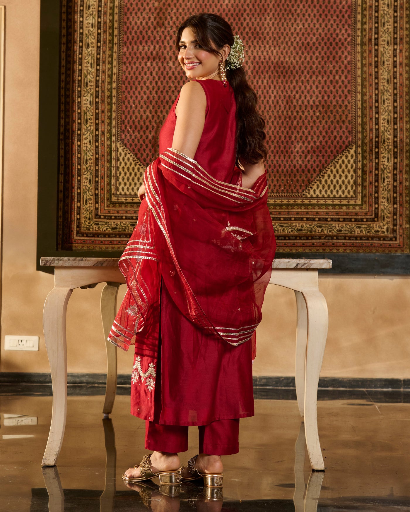 Jugni Maroon Solid Chanderi Suit Set