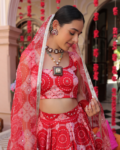 Ruby And Cream Rhapsody Printed Satin Lehenga Set