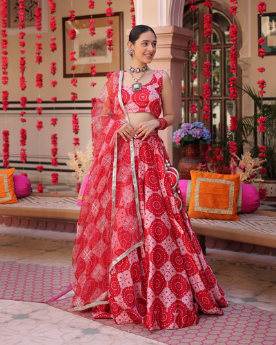 Ruby And Cream Rhapsody Printed Satin Lehenga Set