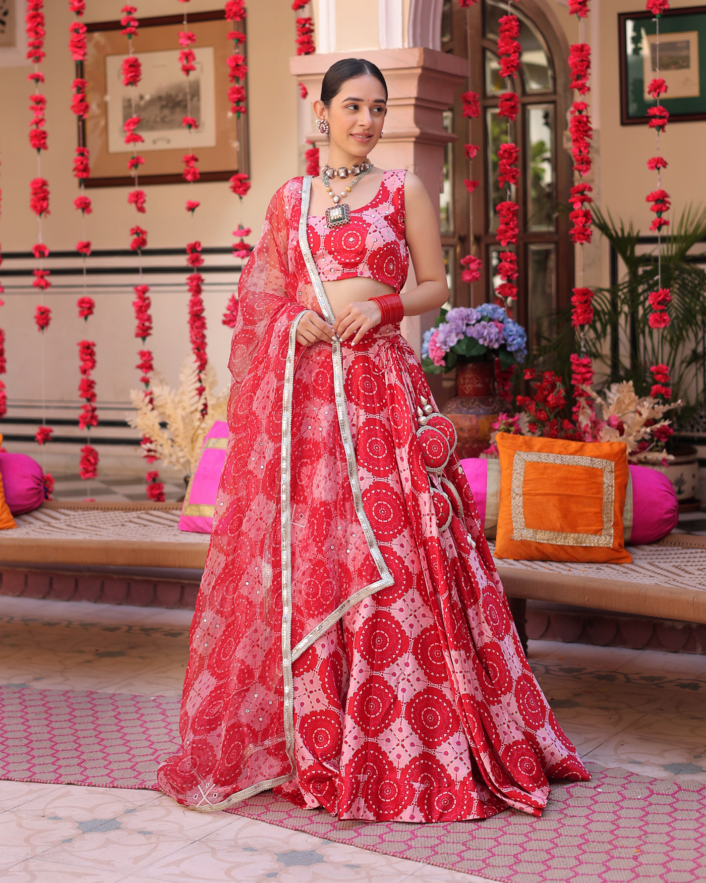 Ruby And Cream Rhapsody Printed Satin Lehenga Set