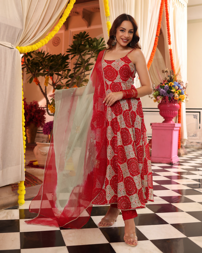 Cherry Red Delight Printed Silk Suit Set
