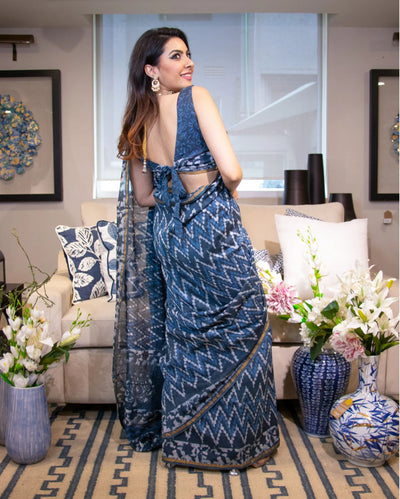 Nura Blue handblock Chanderi Blouse