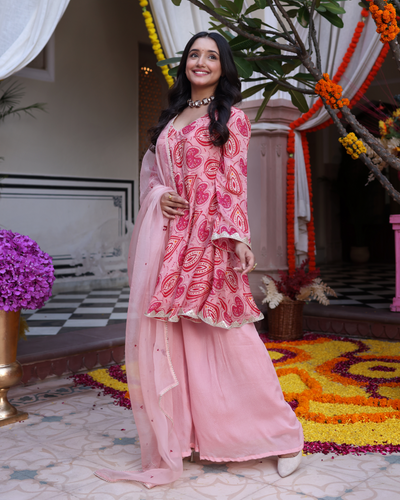 Petal Pink Bouquet Printed Chinon Suit Set