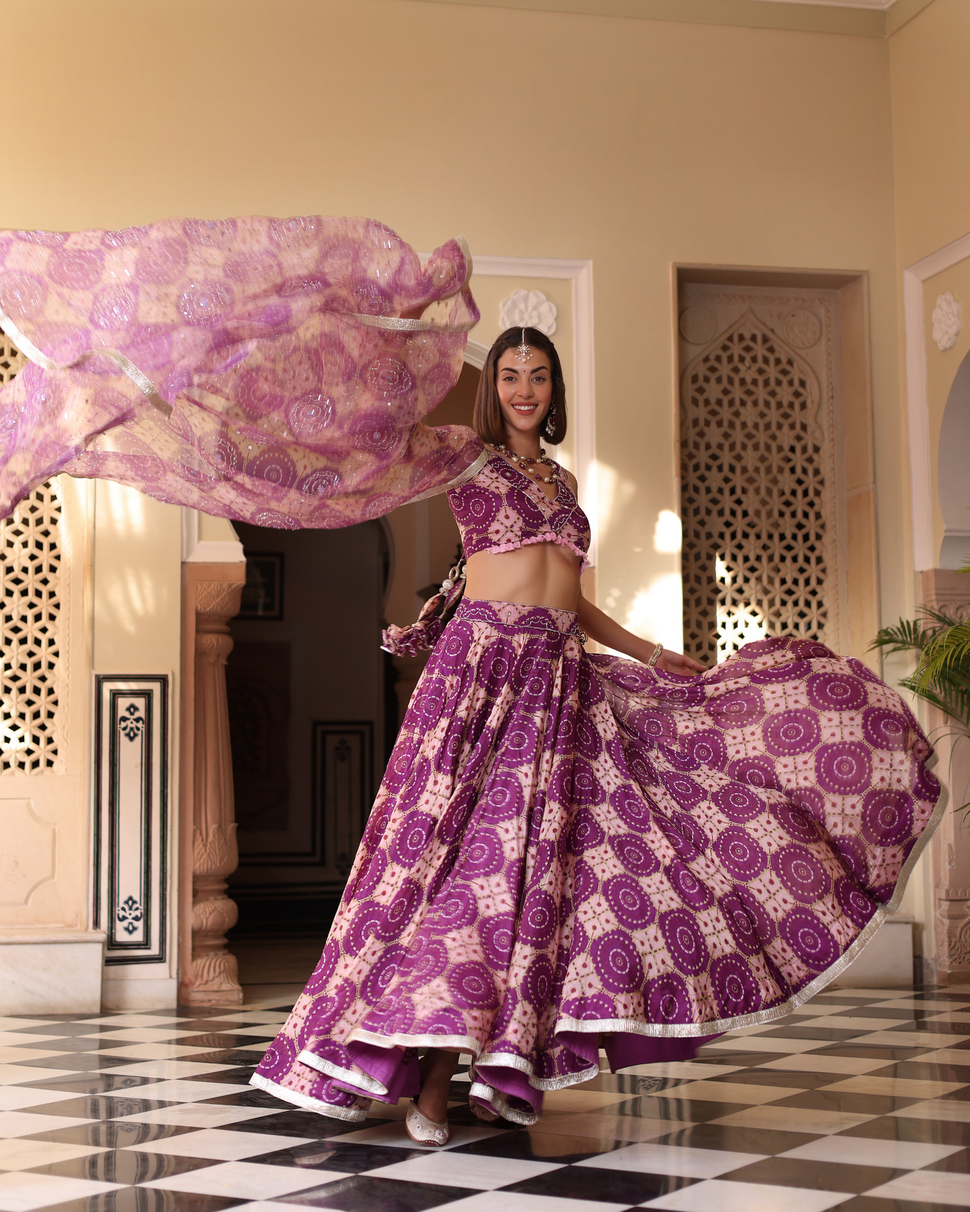 Lavender Printed Satin Lehenga Set