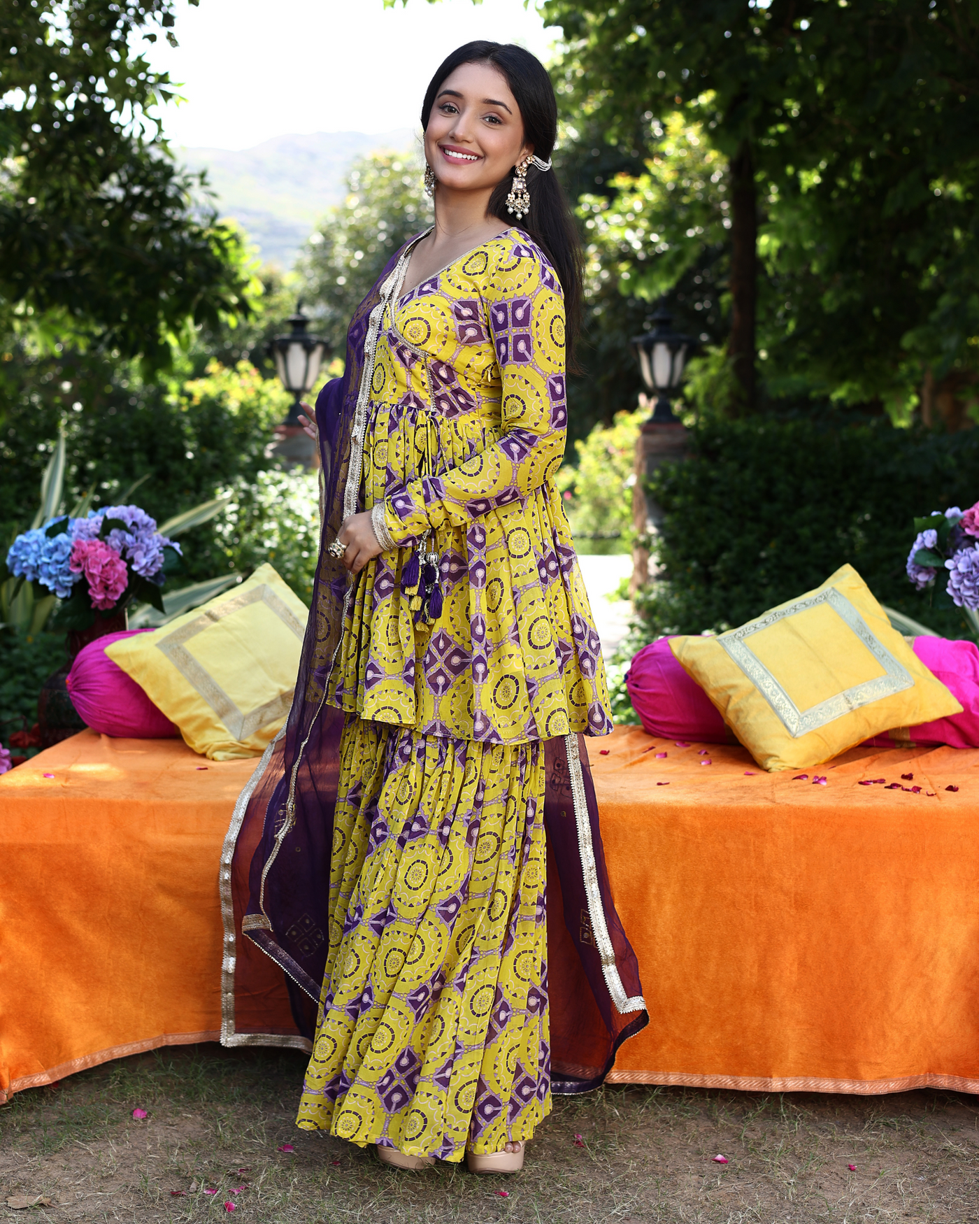 Whirling Shapes Yellow Purple Printed Georgette Sharara Set