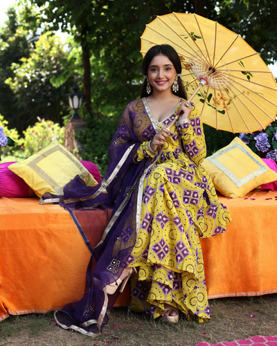 Whirling Shapes Yellow Purple Printed Georgette Sharara Set