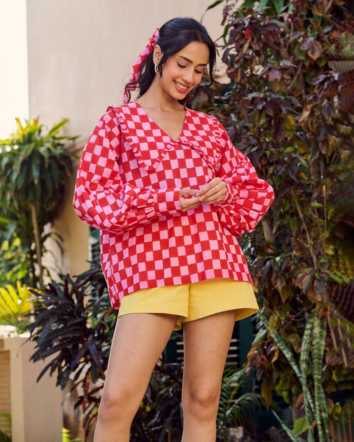 Viola Red and Pink Cotton Checks Printed Top