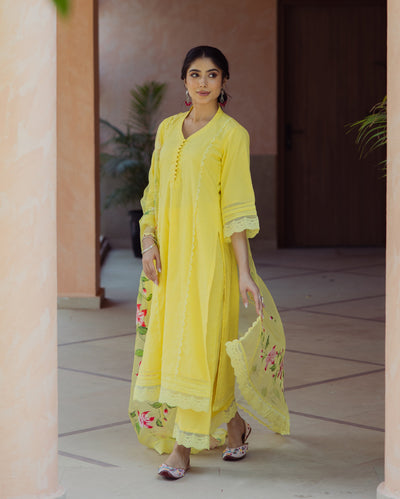 Garden Yellow Handpainted Chanderi Suit Set