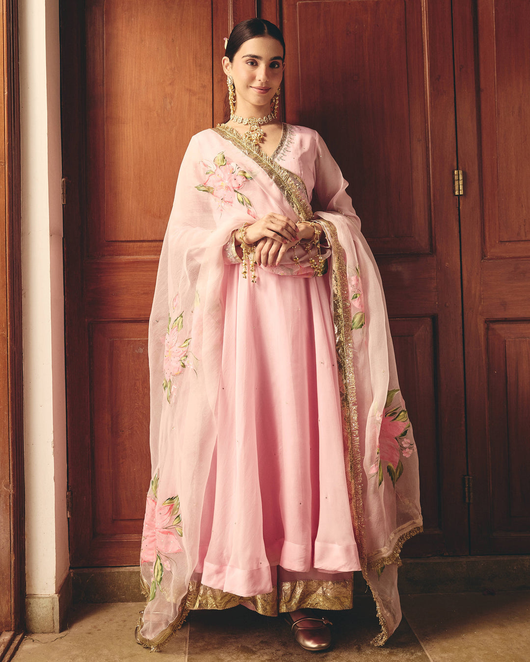 Kalpini Pink Handpainted Viscose Organza Suit Set