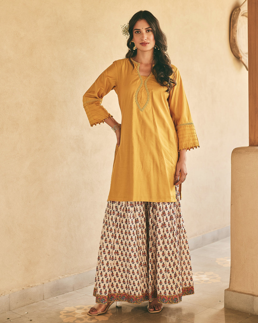Rama Mustard Cotton Printed Sharara Set
