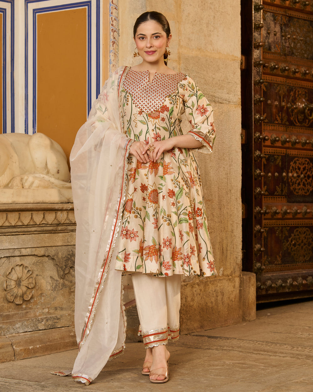 Kora Cream Printed Chanderi Suit Set