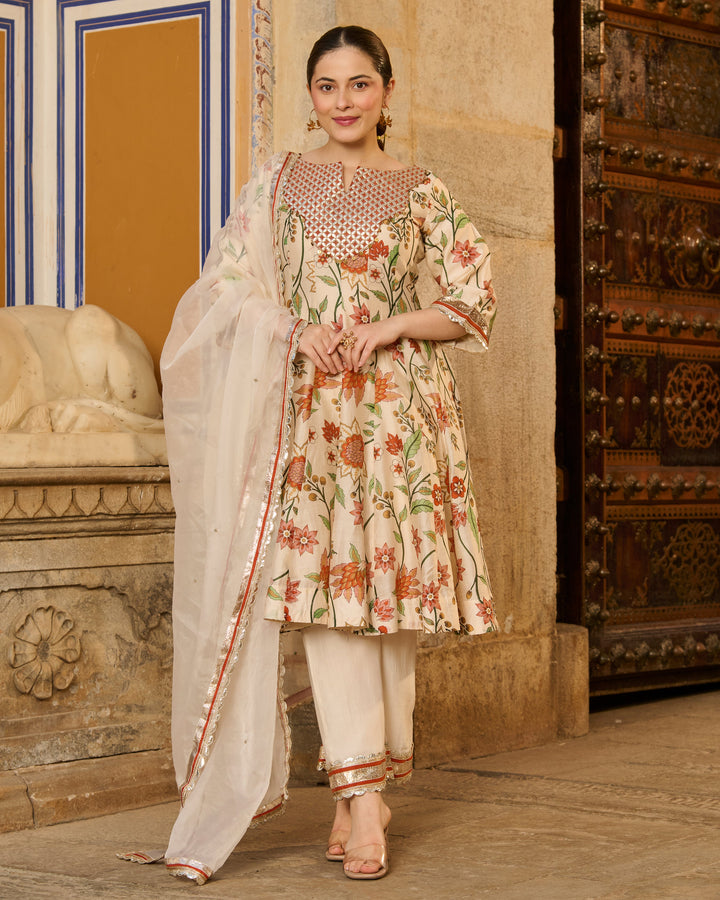 Kora Cream Printed Chanderi Suit Set