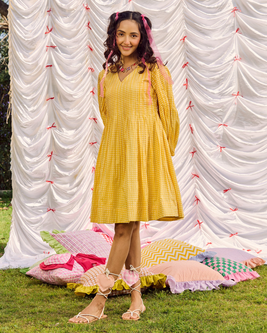 Kajol Yellow Cotton Checks Printed Dress