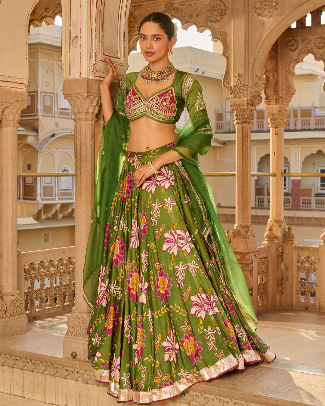 Zara Green Printed Satin Lehenga Set