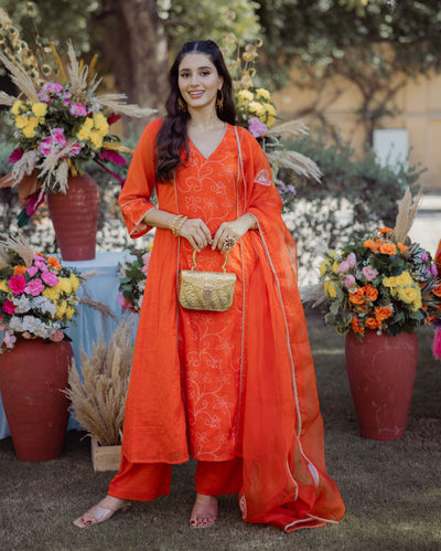 Saumya Orange Bandhani Chanderi Suit Set