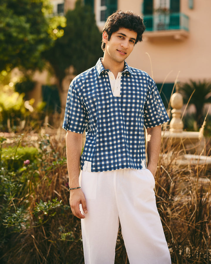 Tav Blue Cotton Checks Printed Shirt